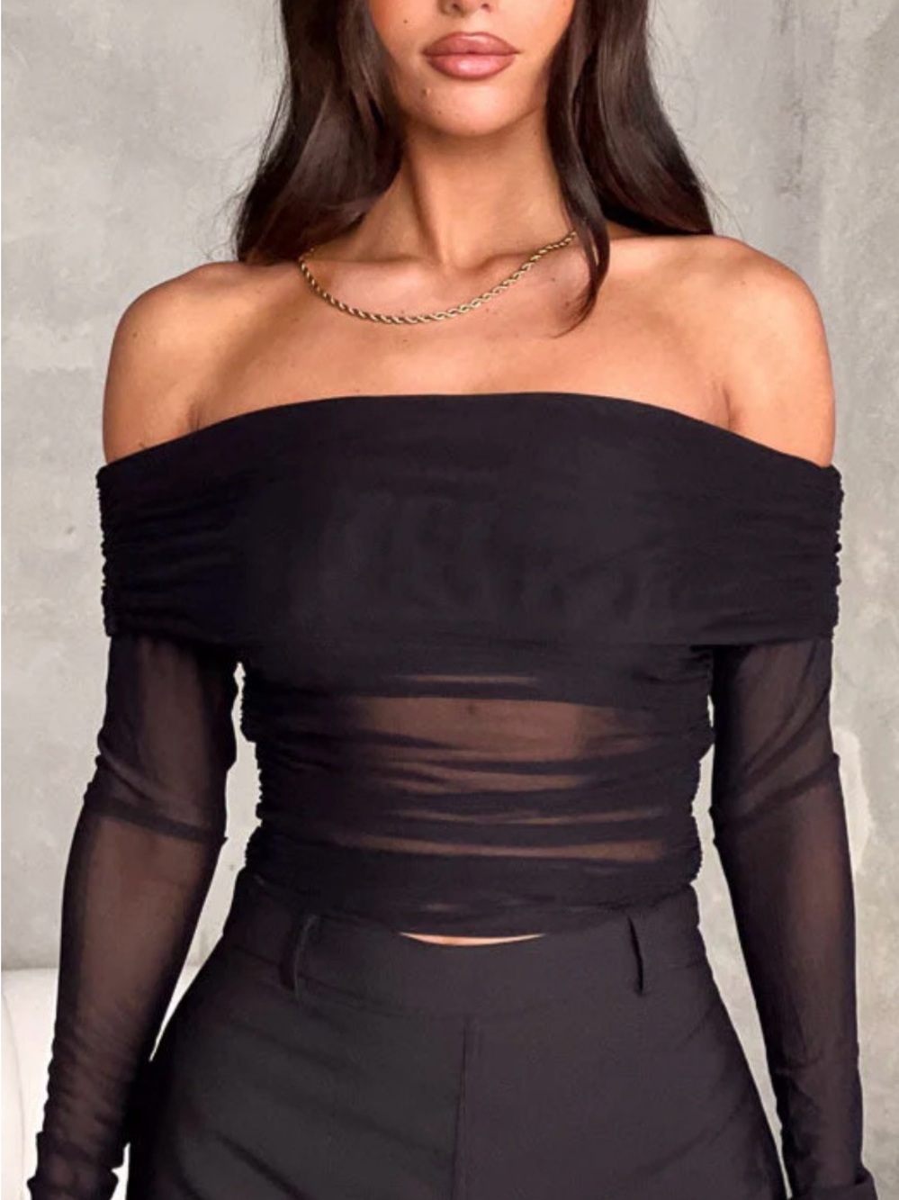 Olivaceous Off-Shoulder Sheer Long Sleeve Top in Black